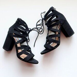 Steve Madden Black Suede Open Toe Lace Up Cut Out Block Heel Bootie Shoes Size 7